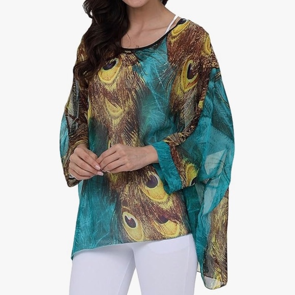 BUY 2 ITEMS GET 1 FREE - Sheer Chiffon Blouse in Peacock Design, OS - Picture 2 of 8